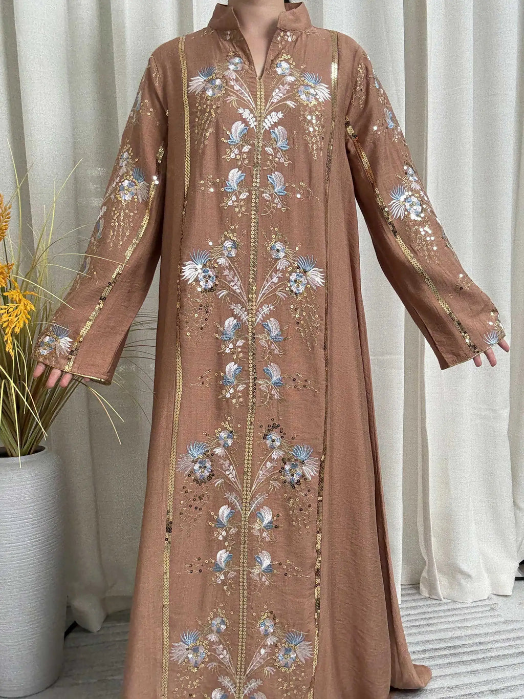 2025 Teal Muslim Abaya with Stand Collar and Exquisite Floral Embroidery Ideal for Islamic Festivities and Ramadan Celebrations