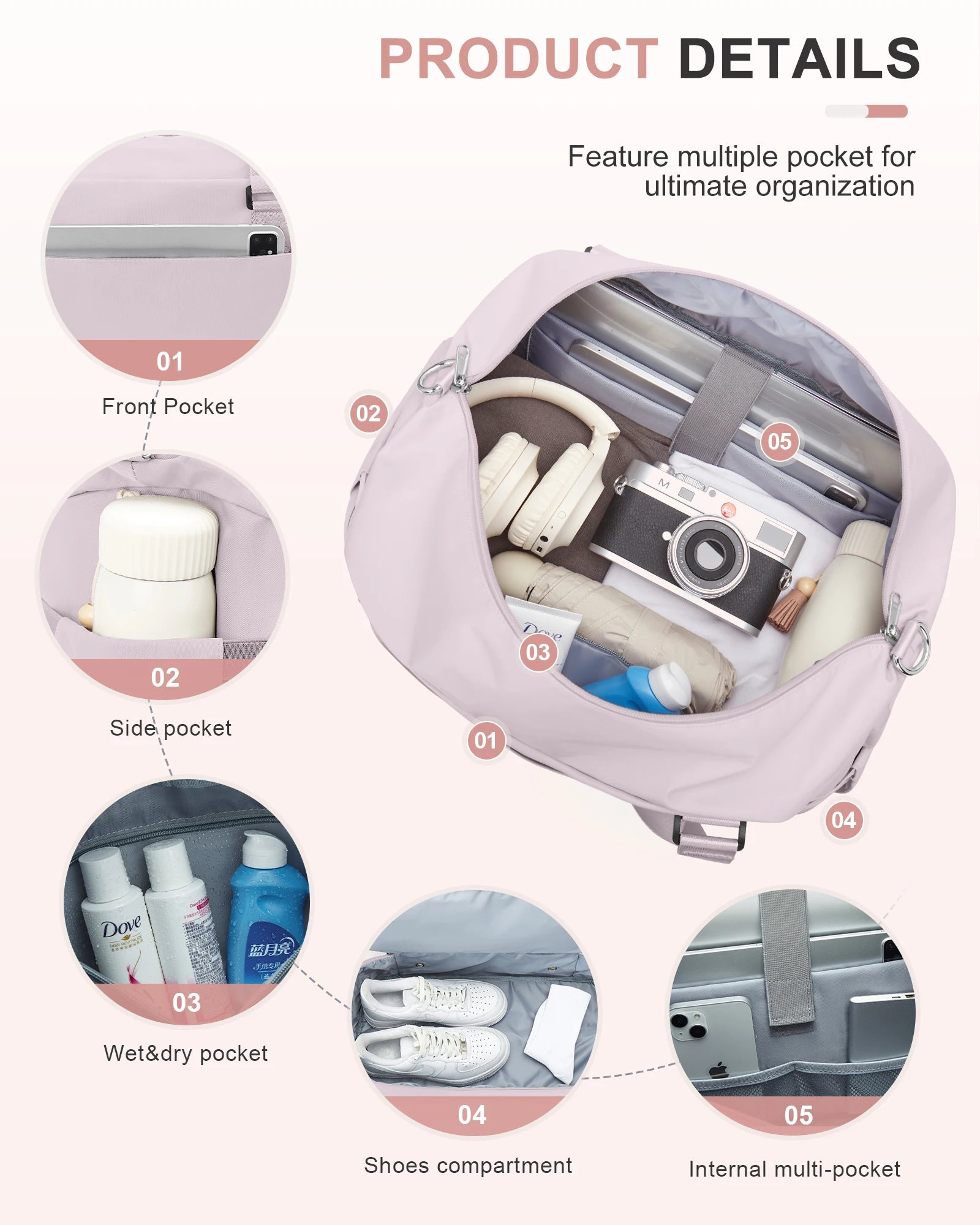 Gym Bag for Women, Large Travel Duffel Bag, Weekender Overnight Bag with Wet Pocket and Shoes Compartment for Travel, Gym, Yoga