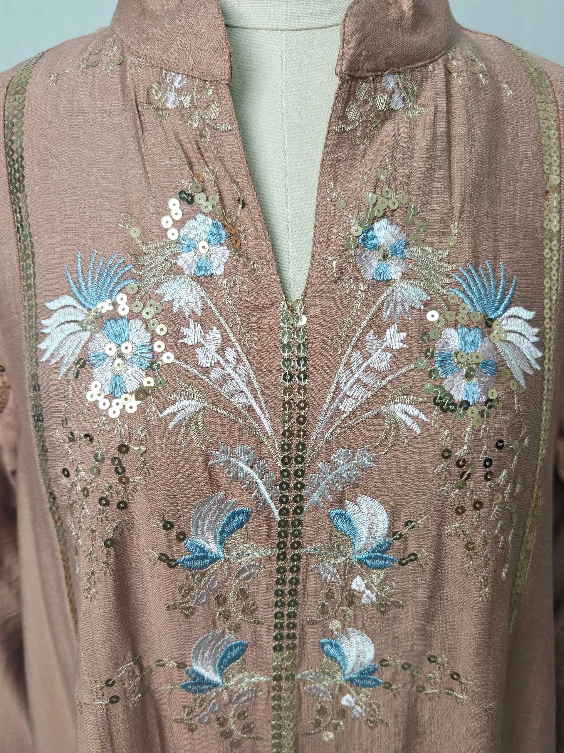 2025 Teal Muslim Abaya with Stand Collar and Exquisite Floral Embroidery Ideal for Islamic Festivities and Ramadan Celebrations