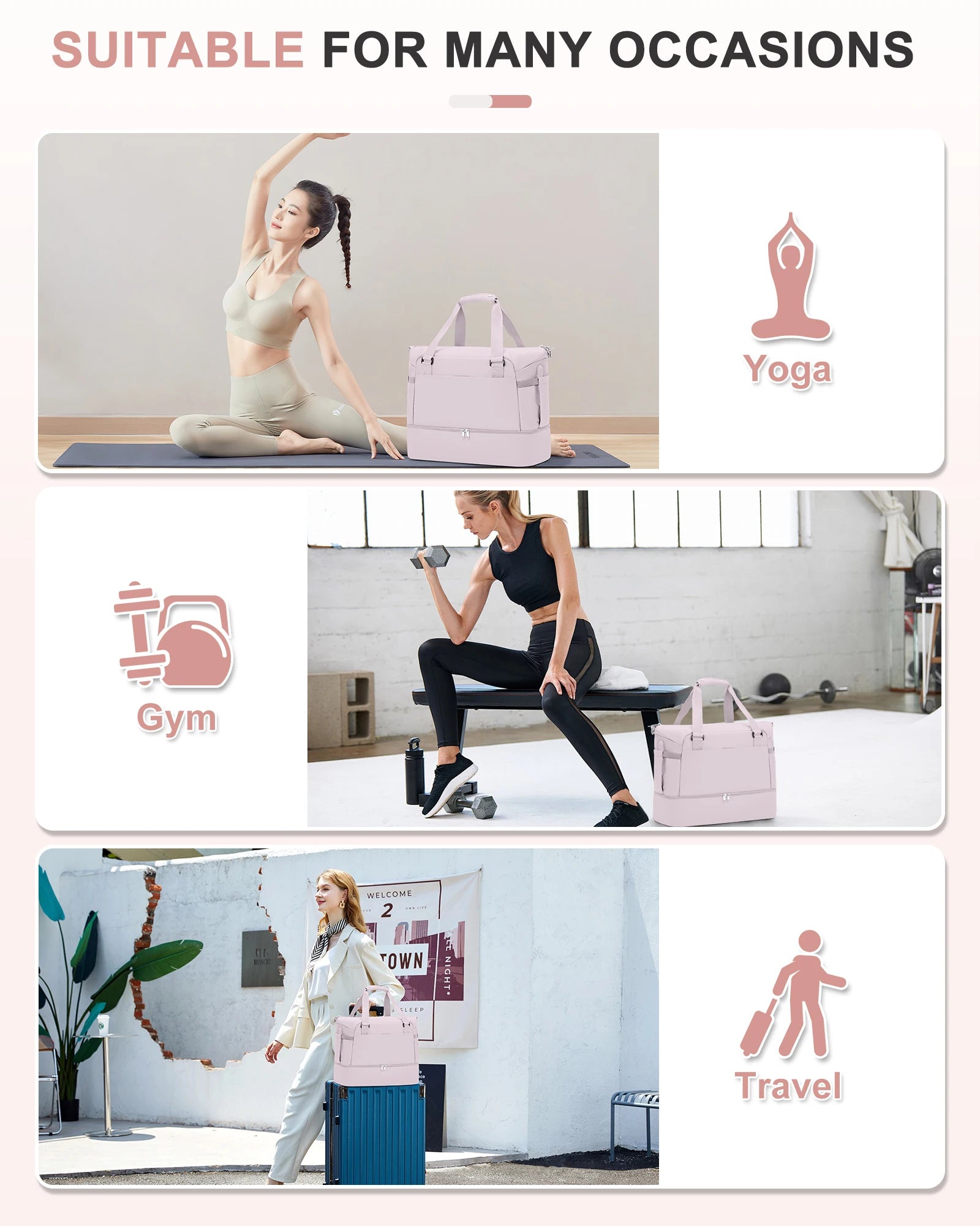 Gym Bag for Women, Large Travel Duffel Bag, Weekender Overnight Bag with Wet Pocket and Shoes Compartment for Travel, Gym, Yoga