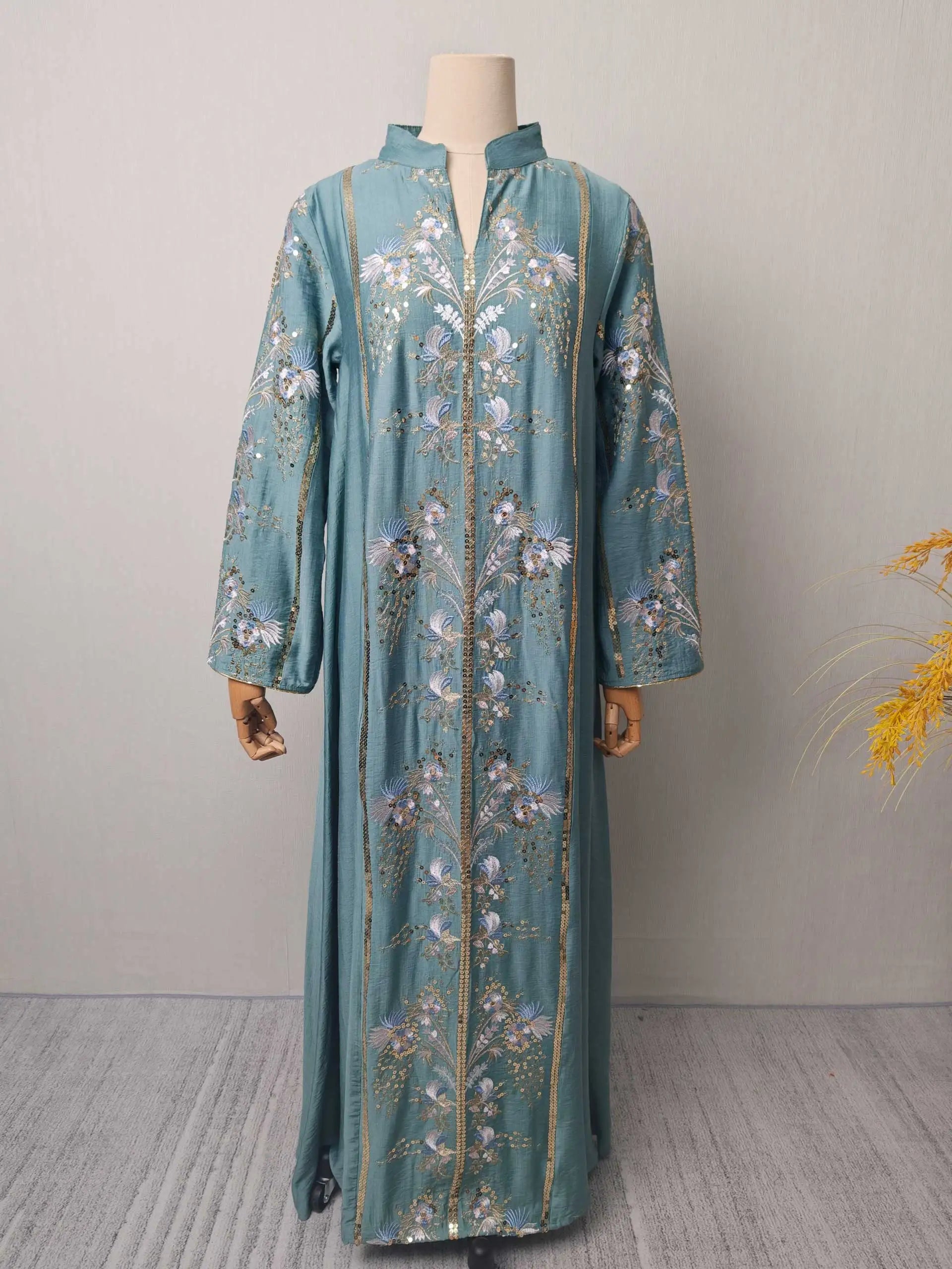 2025 Teal Muslim Abaya with Stand Collar and Exquisite Floral Embroidery Ideal for Islamic Festivities and Ramadan Celebrations