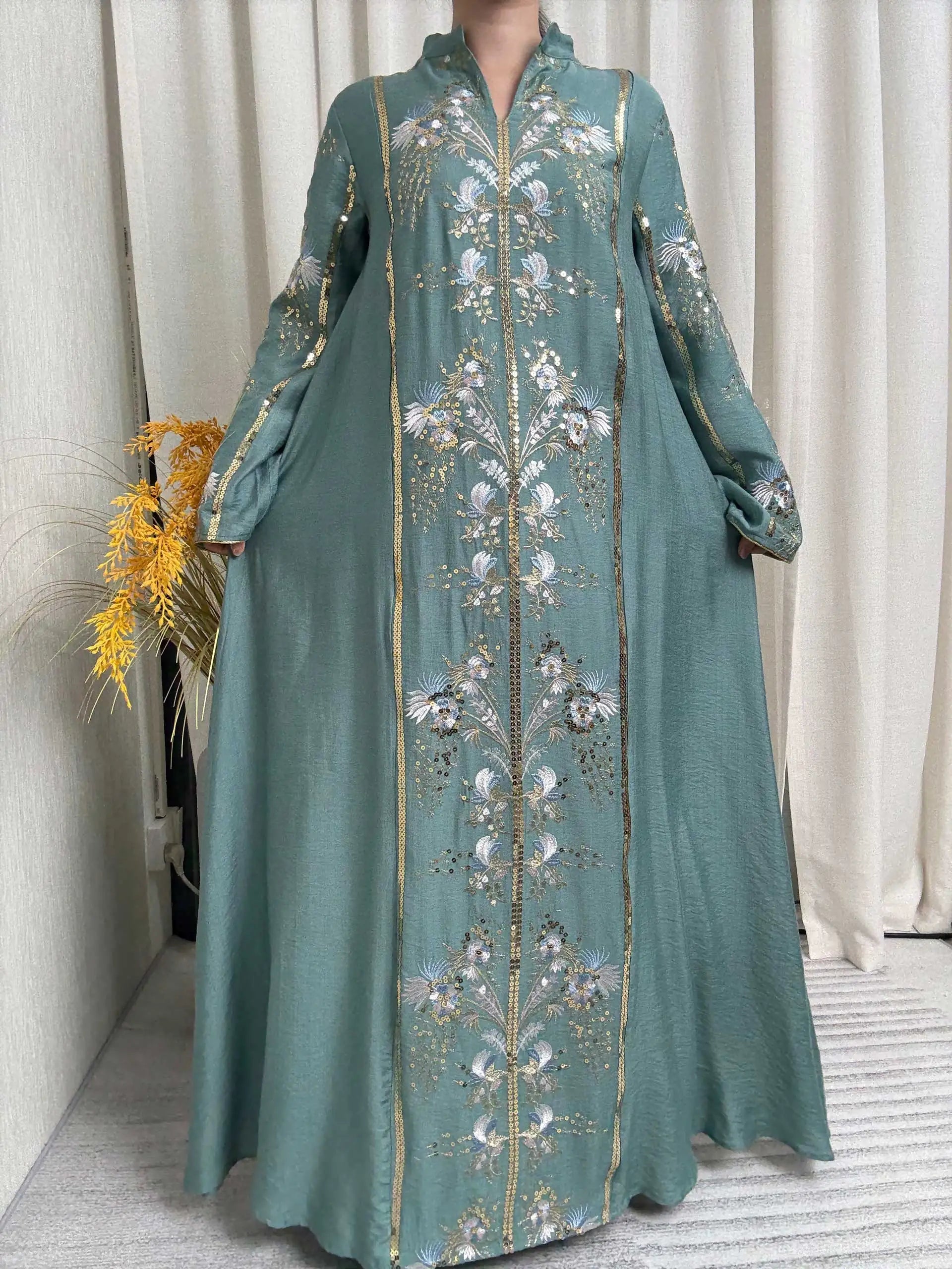 2025 Teal Muslim Abaya with Stand Collar and Exquisite Floral Embroidery Ideal for Islamic Festivities and Ramadan Celebrations