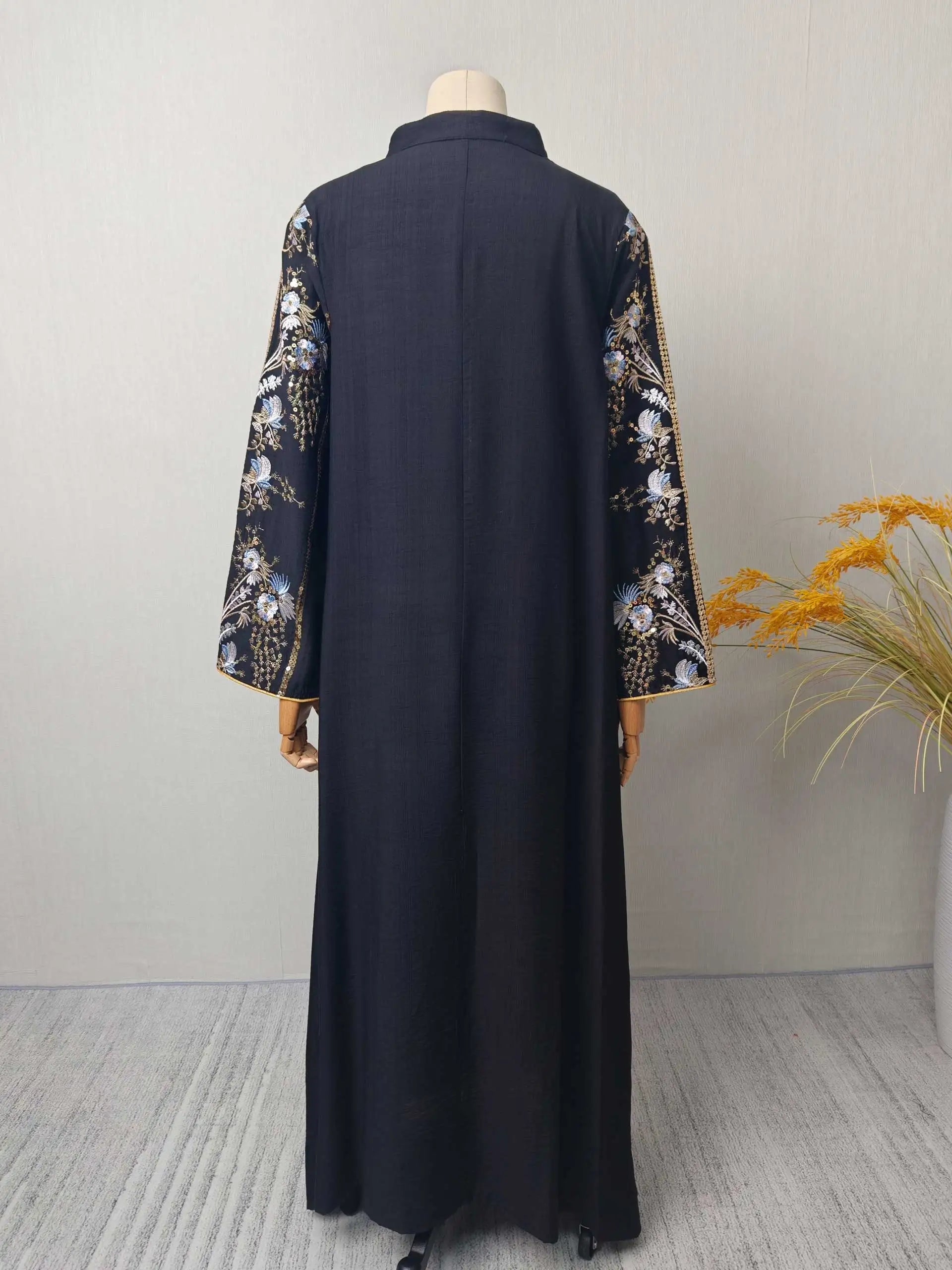 2025 Teal Muslim Abaya with Stand Collar and Exquisite Floral Embroidery Ideal for Islamic Festivities and Ramadan Celebrations