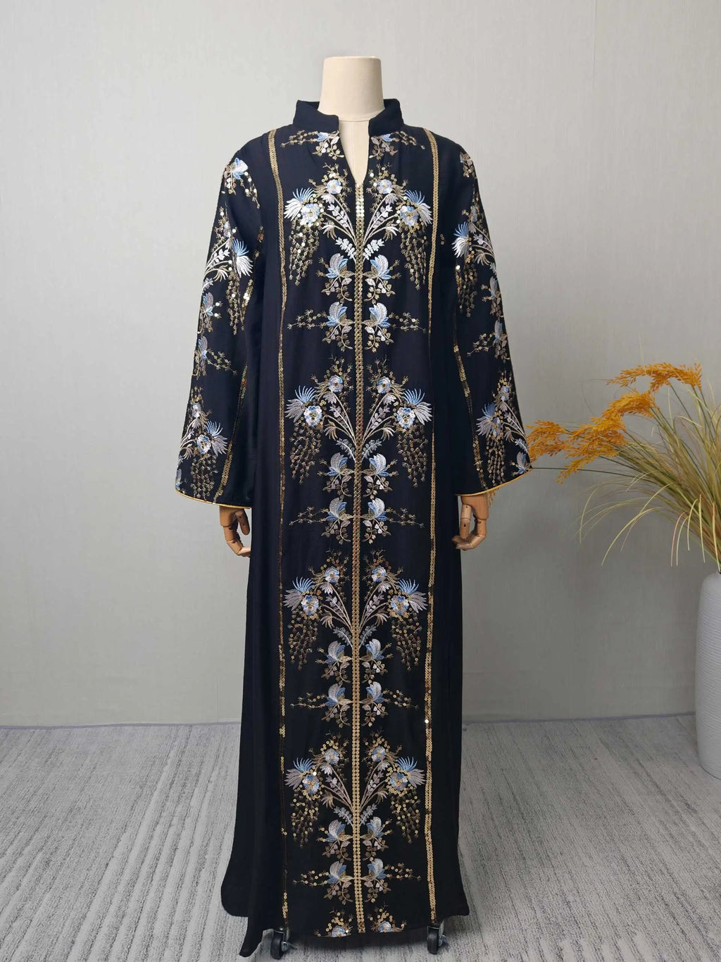 2025 Teal Muslim Abaya with Stand Collar and Exquisite Floral Embroidery Ideal for Islamic Festivities and Ramadan Celebrations