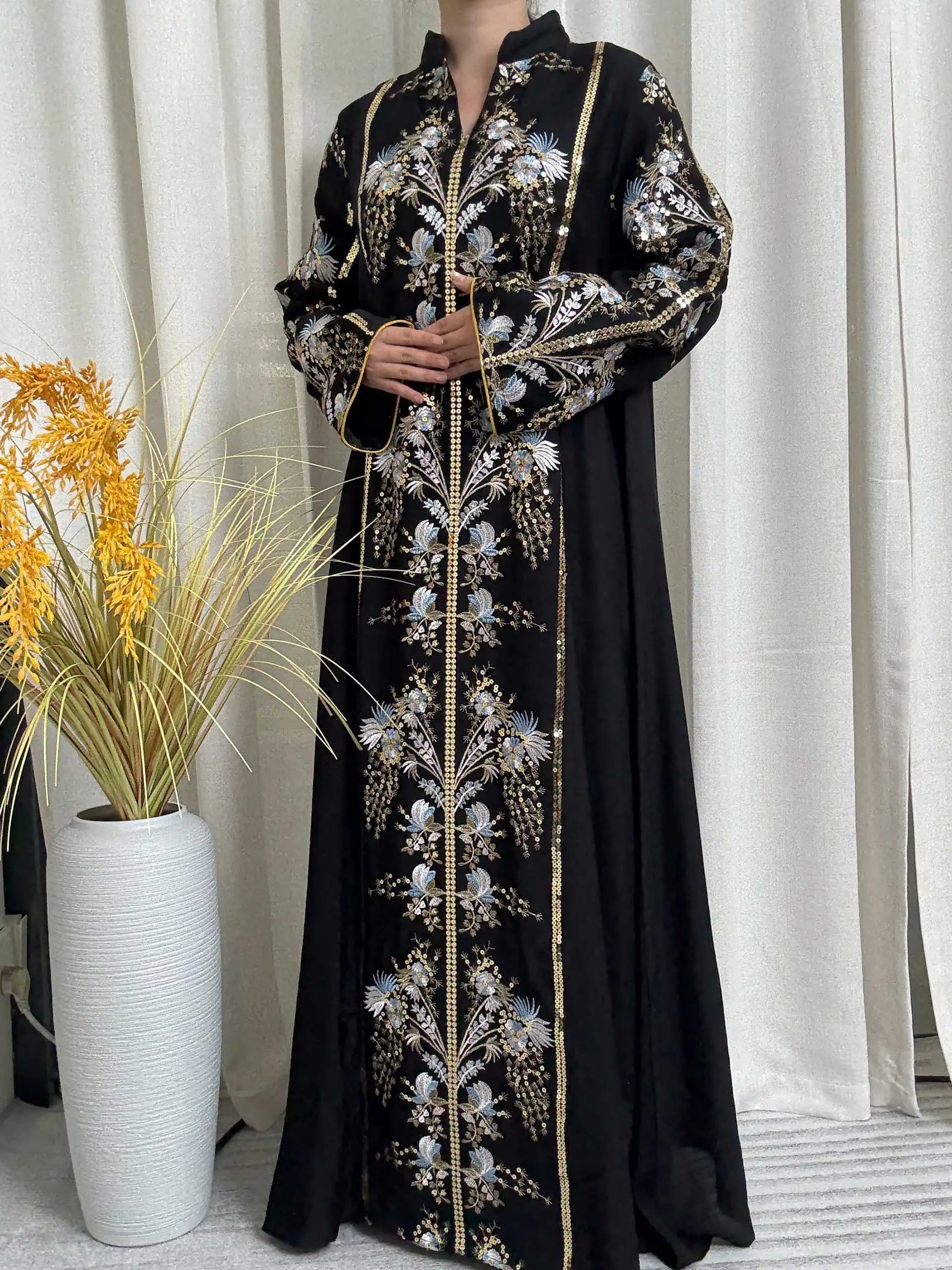 2025 Teal Muslim Abaya with Stand Collar and Exquisite Floral Embroidery Ideal for Islamic Festivities and Ramadan Celebrations