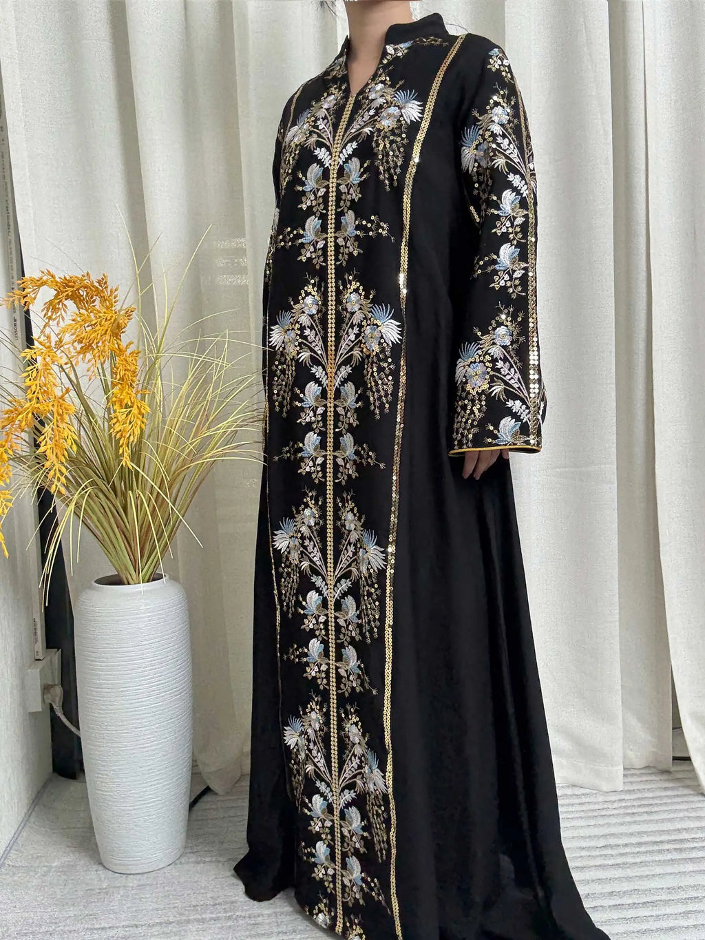 2025 Teal Muslim Abaya with Stand Collar and Exquisite Floral Embroidery Ideal for Islamic Festivities and Ramadan Celebrations