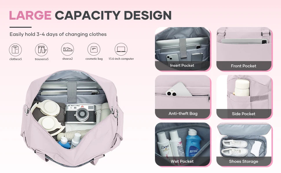 Gym Bag for Women, Large Travel Duffel Bag, Weekender Overnight Bag with Wet Pocket and Shoes Compartment for Travel, Gym, Yoga