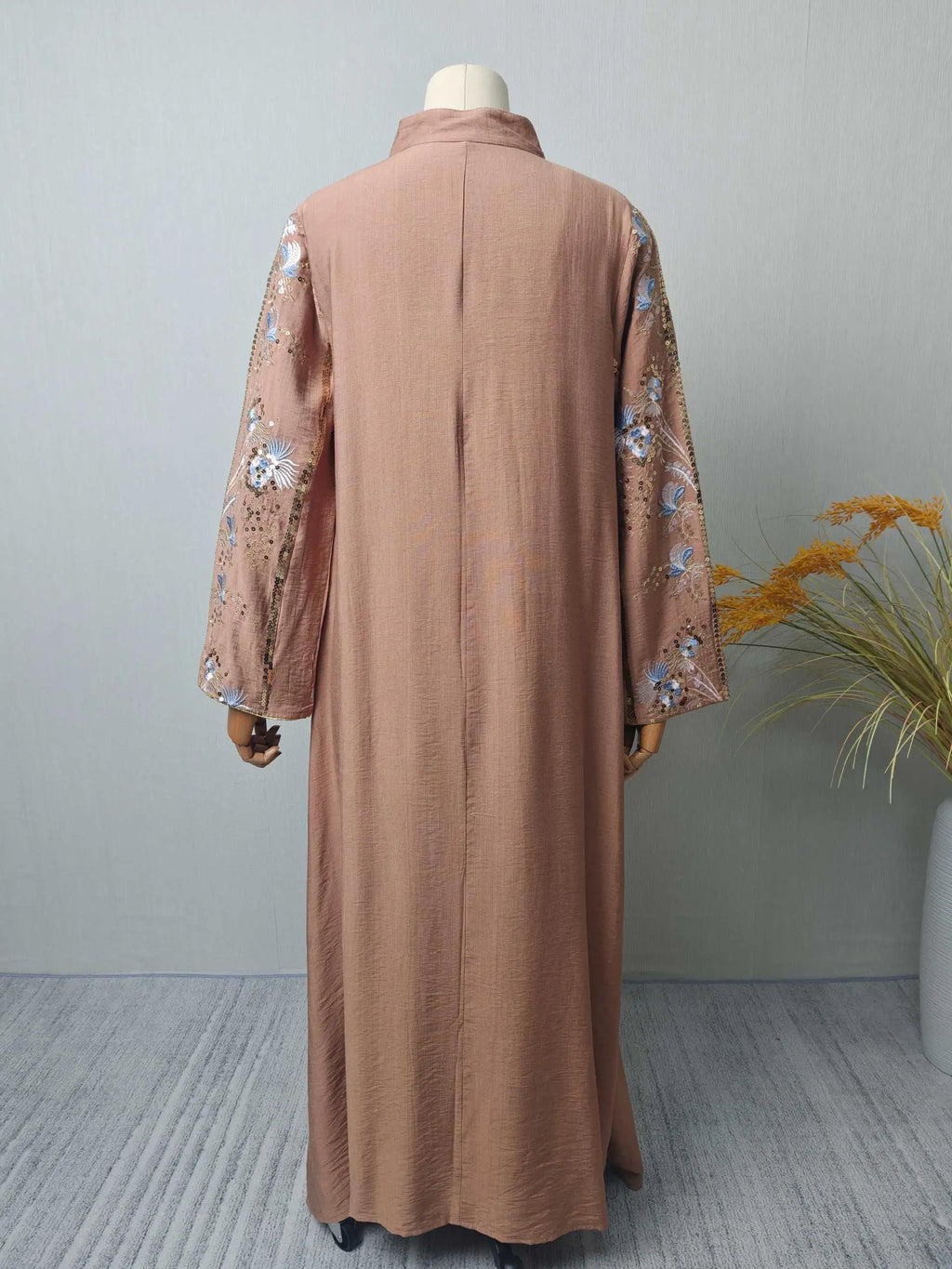 2025 Teal Muslim Abaya with Stand Collar and Exquisite Floral Embroidery Ideal for Islamic Festivities and Ramadan Celebrations