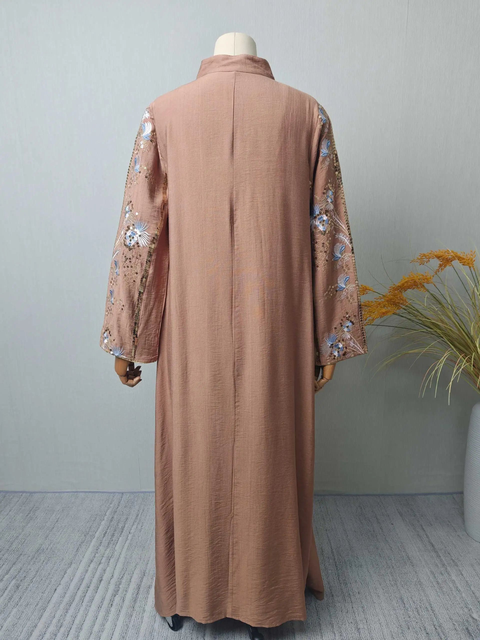 2025 Teal Muslim Abaya with Stand Collar and Exquisite Floral Embroidery Ideal for Islamic Festivities and Ramadan Celebrations