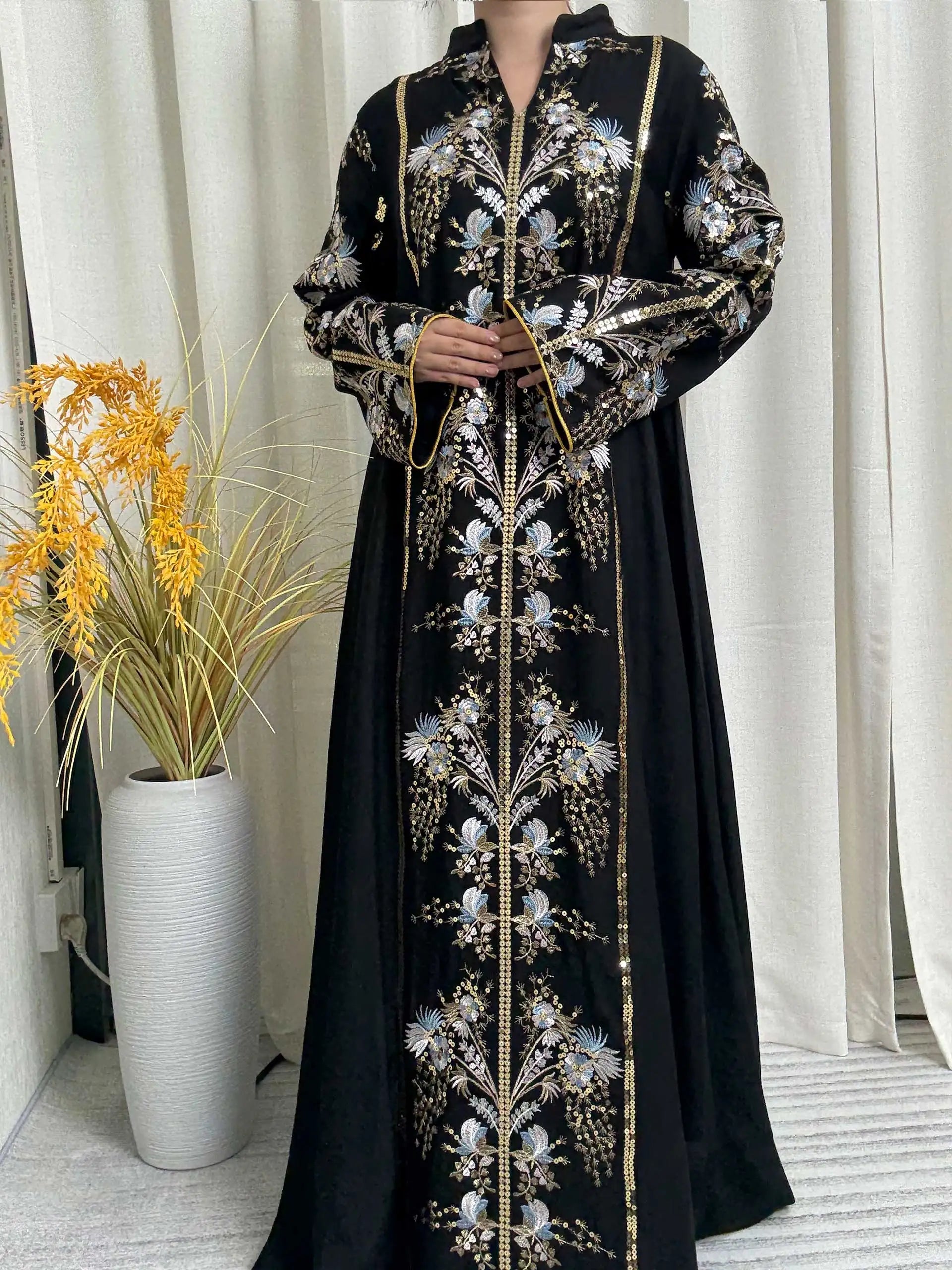 2025 Teal Muslim Abaya with Stand Collar and Exquisite Floral Embroidery Ideal for Islamic Festivities and Ramadan Celebrations