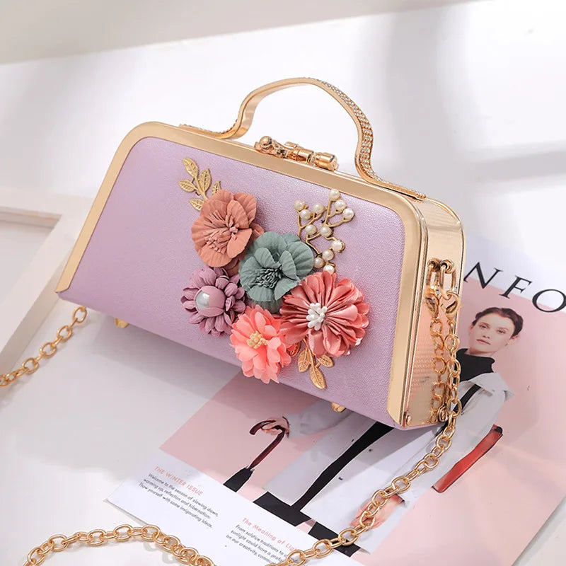 YoReAi Evening Bags Women Clutch Bag High-end Leather Evening Wedding Bridal Handbag Pearl Flower Fashion Chain Party Packs