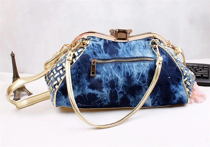 Denim Rhinestones Women Handbag Clutch Bag For Evening Party Chic Butterfly Decoration Ladies Denim Fireworks Shoulder Bag