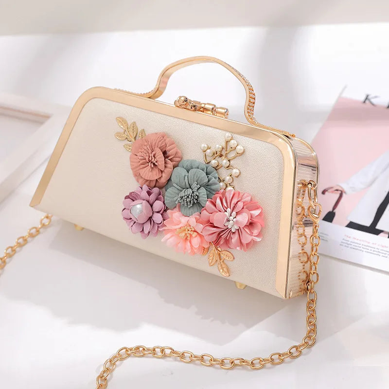 YoReAi Evening Bags Women Clutch Bag High-end Leather Evening Wedding Bridal Handbag Pearl Flower Fashion Chain Party Packs