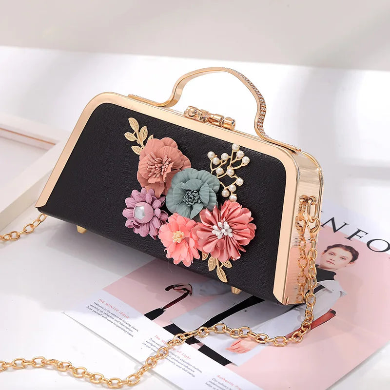 YoReAi Evening Bags Women Clutch Bag High-end Leather Evening Wedding Bridal Handbag Pearl Flower Fashion Chain Party Packs
