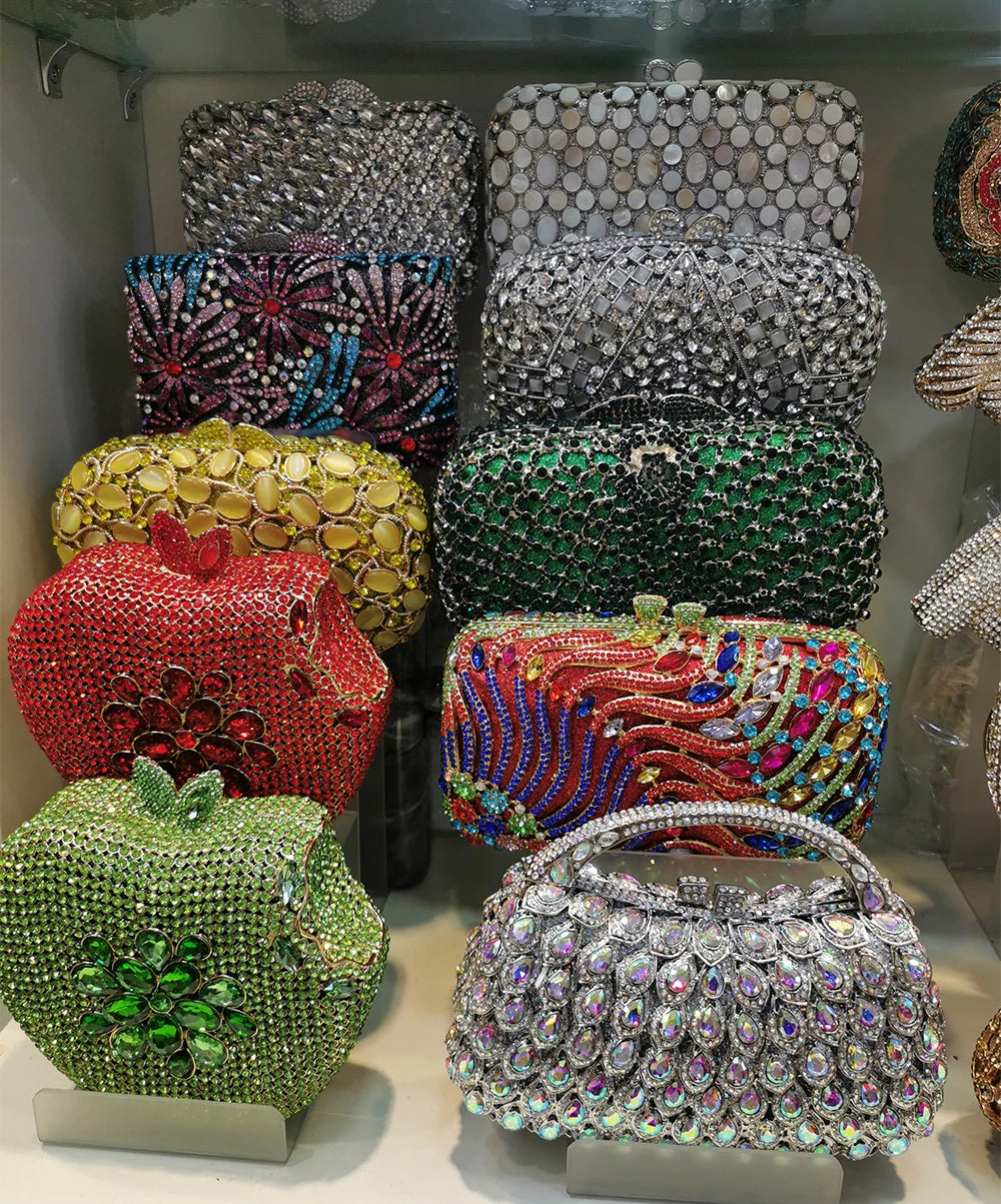 Women Pink Gold Silver Red Green Blue Purple Clutches Wedding Bridal Crystal Bag Banquet Hollow Purse Diamond Party Gala Handbag