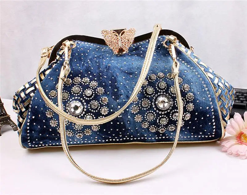 Denim Rhinestones Women Handbag Clutch Bag For Evening Party Chic Butterfly Decoration Ladies Denim Fireworks Shoulder Bag