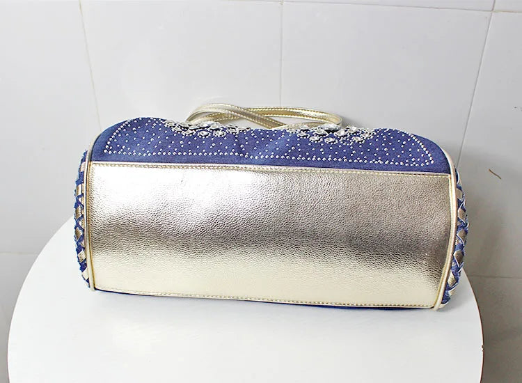 Denim Rhinestones Women Handbag Clutch Bag For Evening Party Chic Butterfly Decoration Ladies Denim Fireworks Shoulder Bag