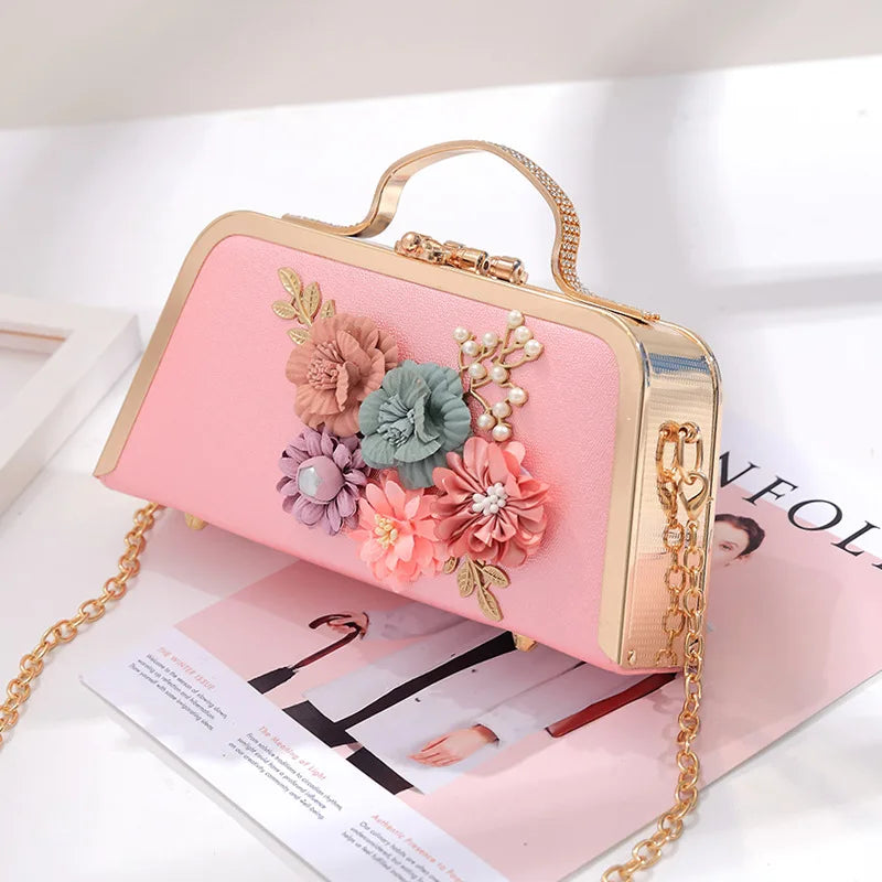 YoReAi Evening Bags Women Clutch Bag High-end Leather Evening Wedding Bridal Handbag Pearl Flower Fashion Chain Party Packs