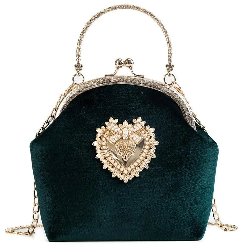 Female Velvet Pearl Handbag Vintage Velour Heart Design Evening Bag Wedding Party Bride Clutch Velour Bag Purse