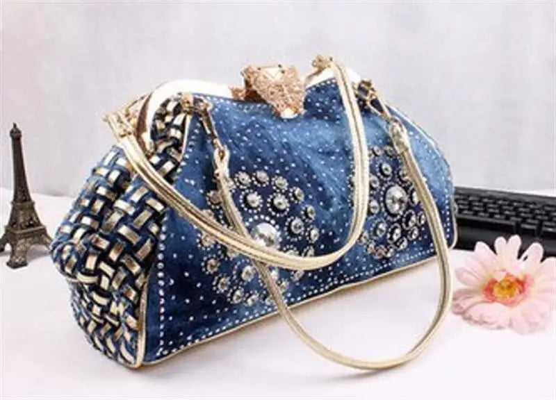 Denim Rhinestones Women Handbag Clutch Bag For Evening Party Chic Butterfly Decoration Ladies Denim Fireworks Shoulder Bag