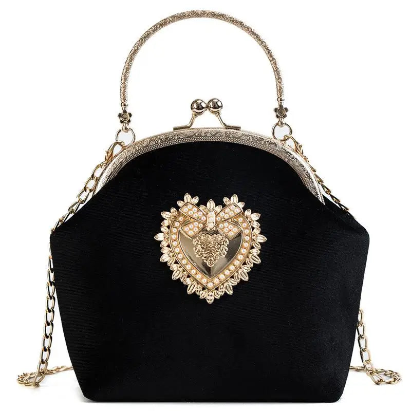 Female Velvet Pearl Handbag Vintage Velour Heart Design Evening Bag Wedding Party Bride Clutch Velour Bag Purse