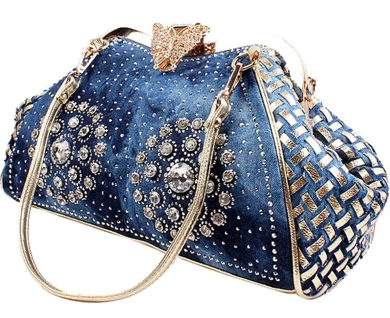 Denim Rhinestones Women Handbag Clutch Bag For Evening Party Chic Butterfly Decoration Ladies Denim Fireworks Shoulder Bag