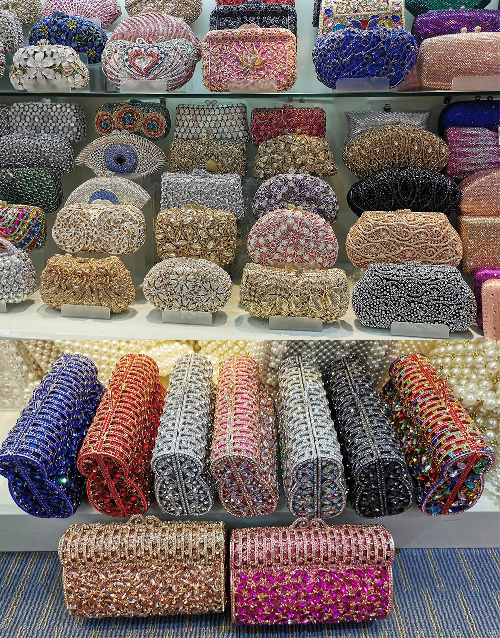 Women Pink Gold Silver Red Green Blue Purple Clutches Wedding Bridal Crystal Bag Banquet Hollow Purse Diamond Party Gala Handbag