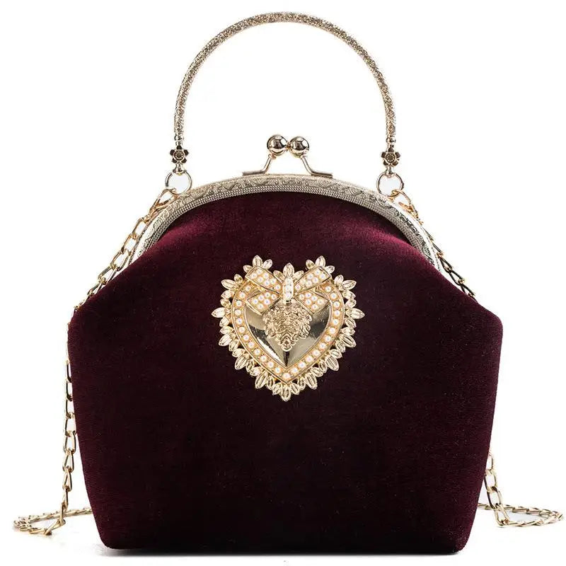 Female Velvet Pearl Handbag Vintage Velour Heart Design Evening Bag Wedding Party Bride Clutch Velour Bag Purse