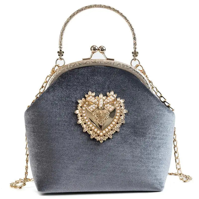 Female Velvet Pearl Handbag Vintage Velour Heart Design Evening Bag Wedding Party Bride Clutch Velour Bag Purse