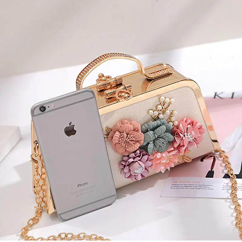 YoReAi Evening Bags Women Clutch Bag High-end Leather Evening Wedding Bridal Handbag Pearl Flower Fashion Chain Party Packs