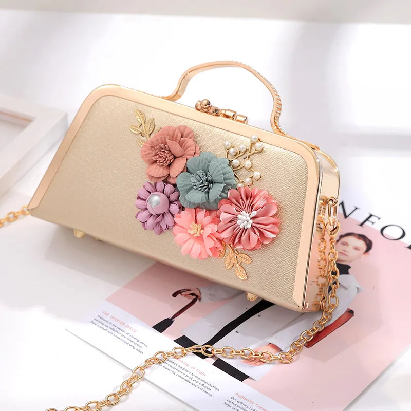 YoReAi Evening Bags Women Clutch Bag High-end Leather Evening Wedding Bridal Handbag Pearl Flower Fashion Chain Party Packs