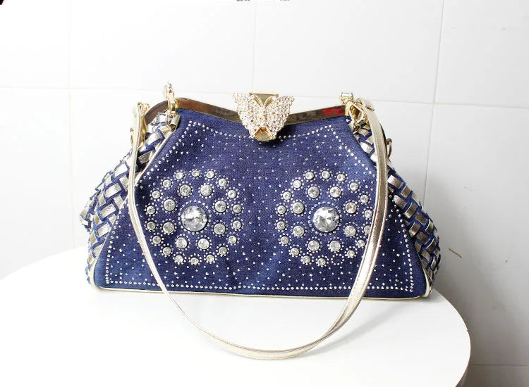 Denim Rhinestones Women Handbag Clutch Bag For Evening Party Chic Butterfly Decoration Ladies Denim Fireworks Shoulder Bag