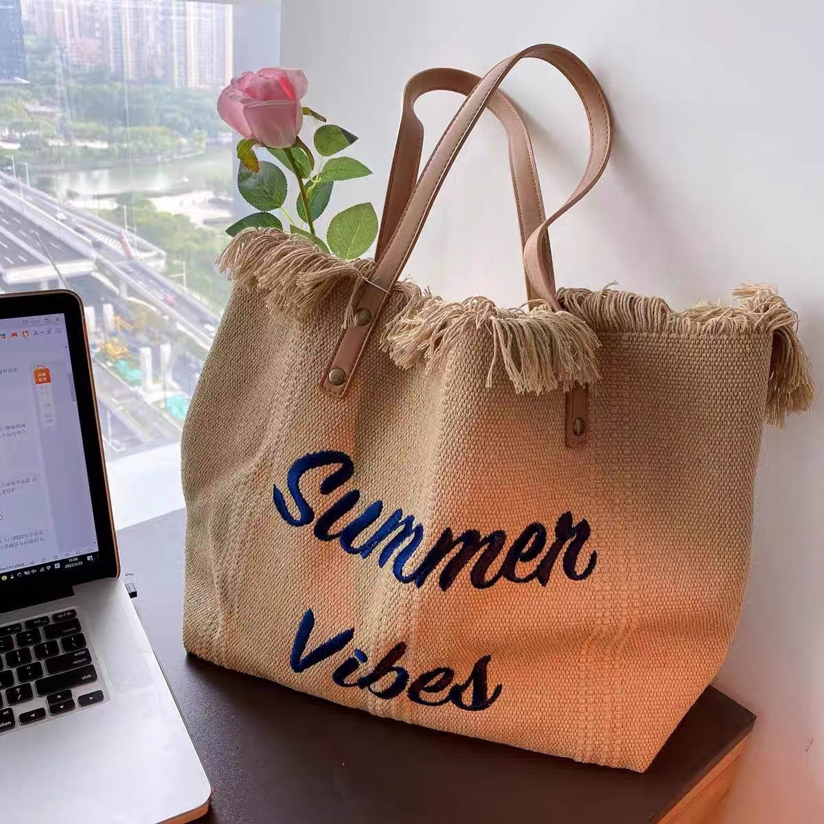 Handbag Woman Bag Design Simple Niche Travel  Beach Tote Bag Tassel Letter Embroidery Fashion Large Capacity Shoulder Bags 2022