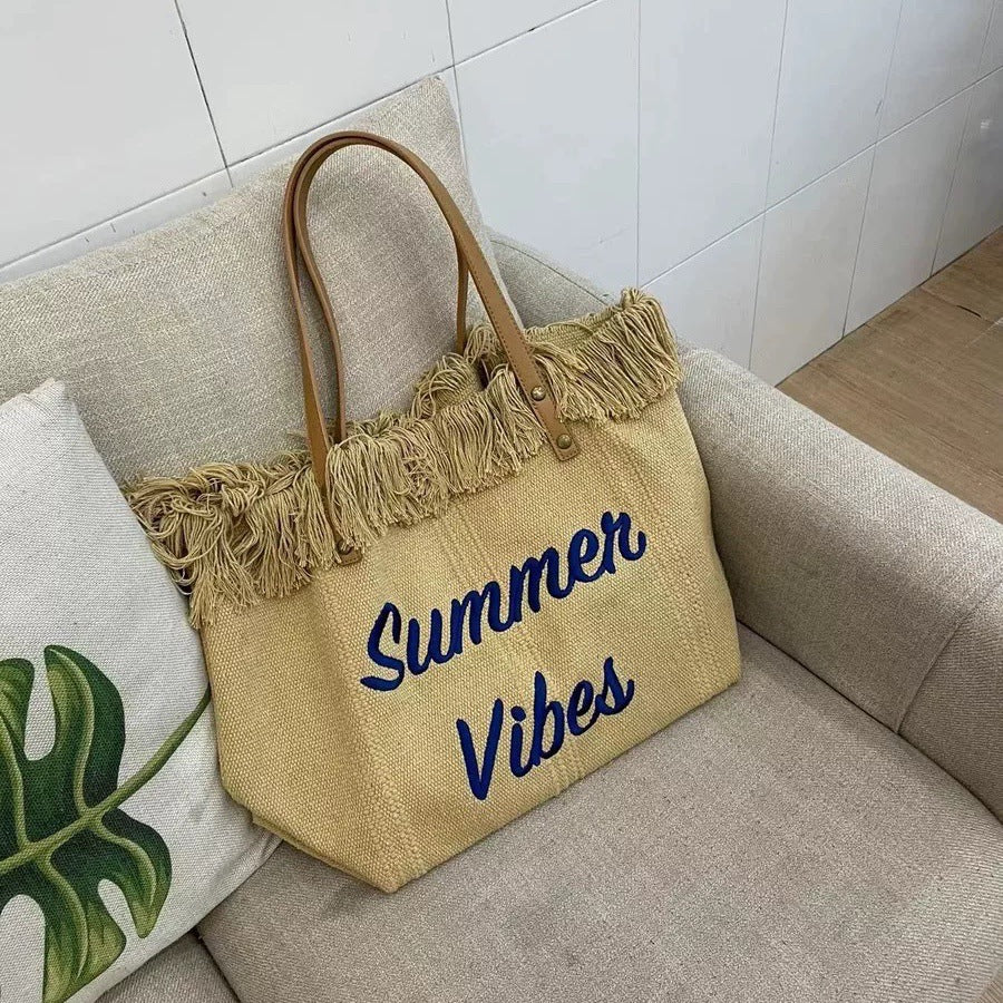Handbag Woman Bag Design Simple Niche Travel  Beach Tote Bag Tassel Letter Embroidery Fashion Large Capacity Shoulder Bags 2022