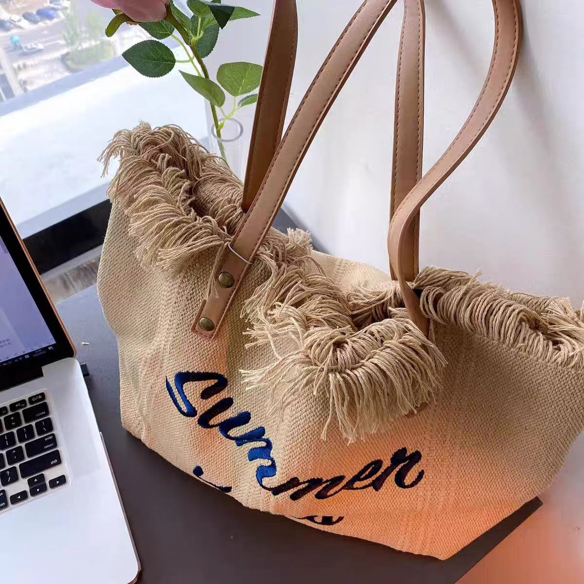 Handbag Woman Bag Design Simple Niche Travel  Beach Tote Bag Tassel Letter Embroidery Fashion Large Capacity Shoulder Bags 2022