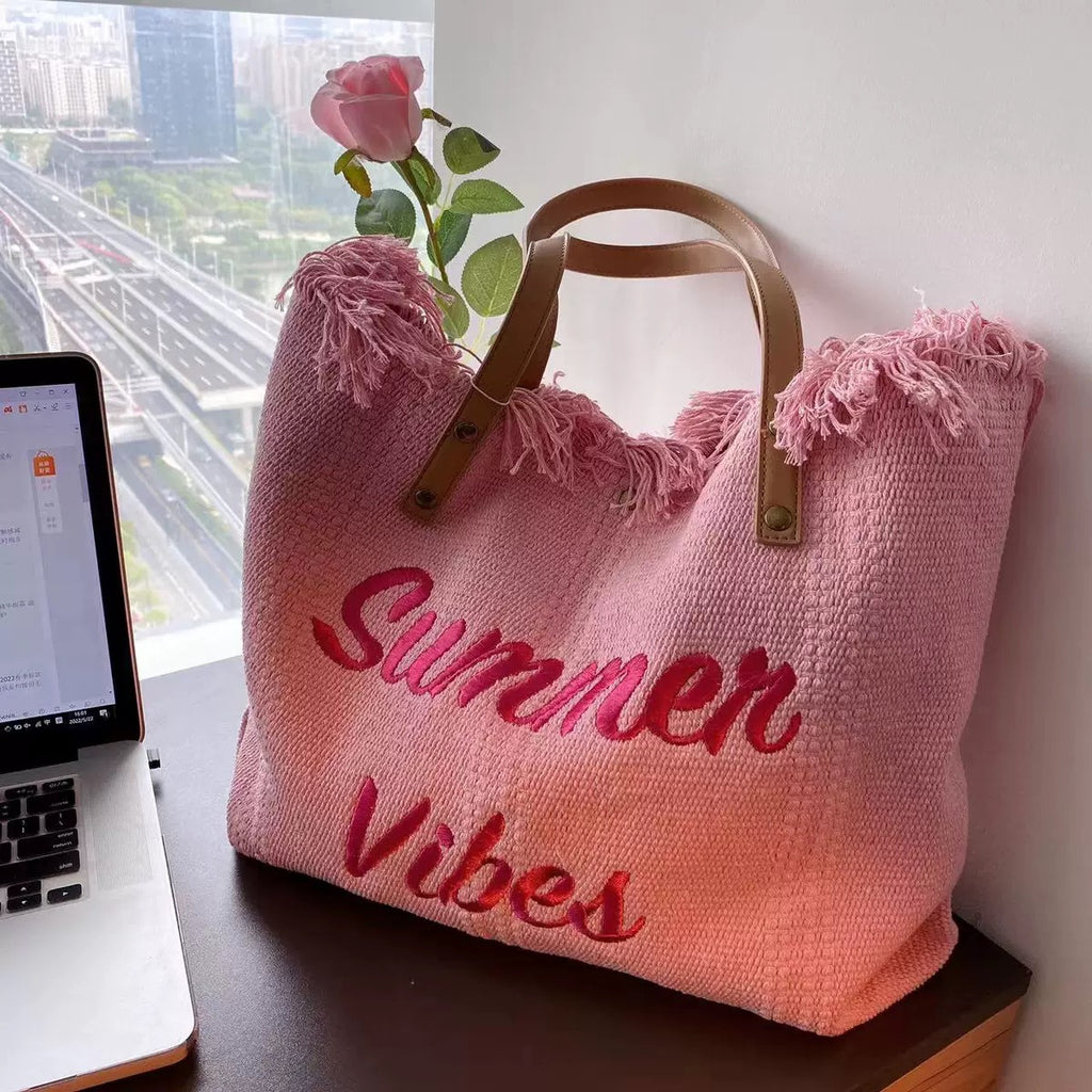 Handbag Woman Bag Design Simple Niche Travel  Beach Tote Bag Tassel Letter Embroidery Fashion Large Capacity Shoulder Bags 2022
