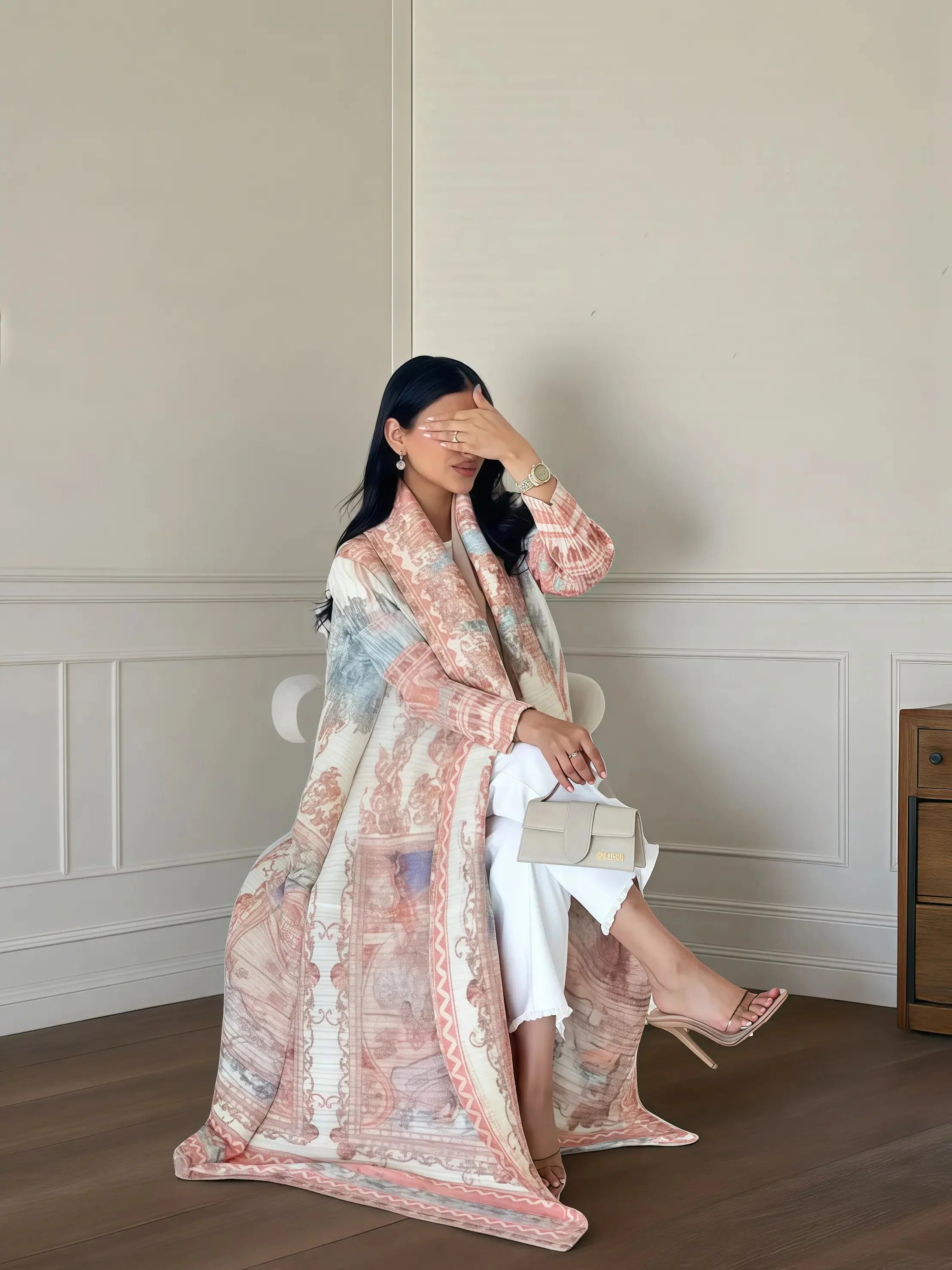 Autumn Women's Long Coat, Retro Printed Long Sleeved Muslim Abaya Saudi Fashion Wrinkled Waist Belt