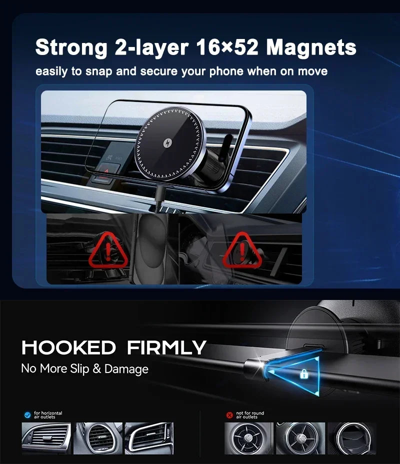 Magnetic Wireless Car Charger 15W Fast Charge Air Vent Magnet Car Mount Phone Holder for iPhone 16 15 14 13 12 Pro Max Plus