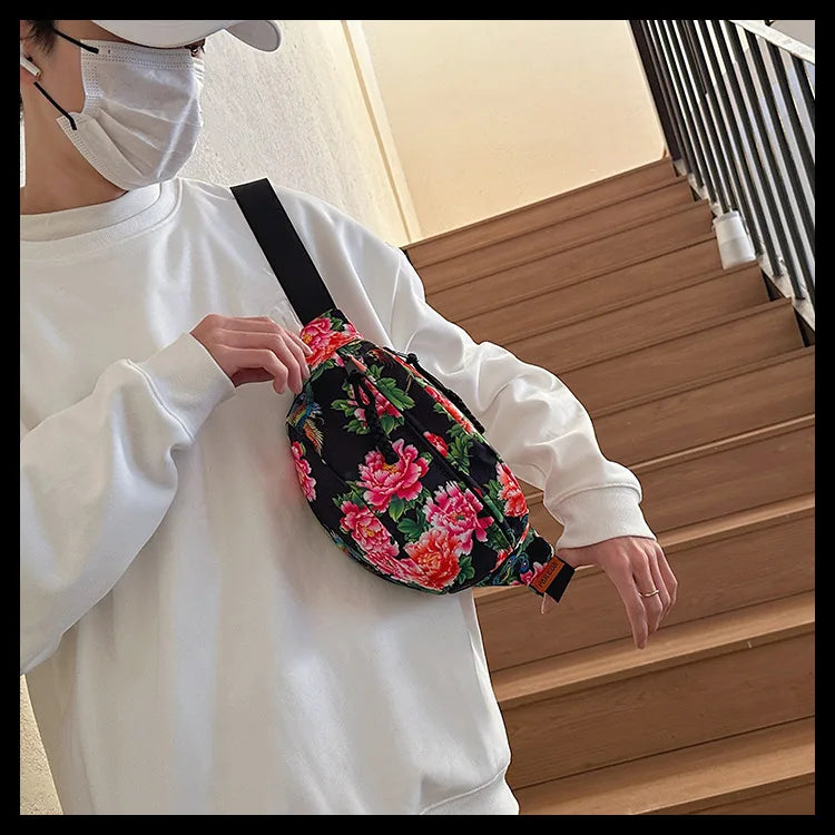 Women Fanny Bag Pack Large Flower Nylon Belt Bags Fashion Waist Pack Zipper Bag Adjustable Lightweight Multifunction Waterproof
