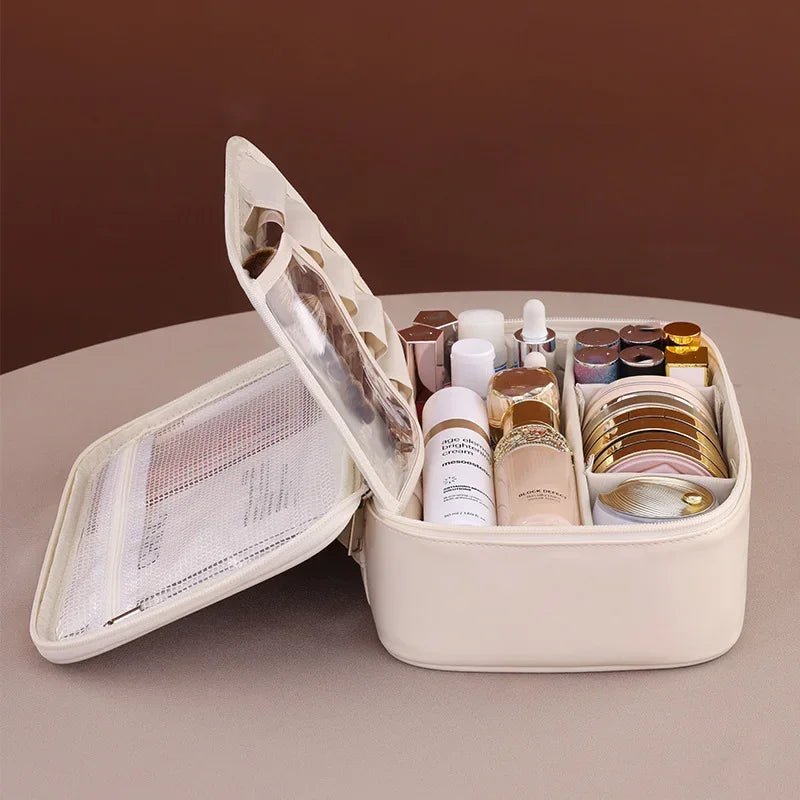 Luxury PU Large Capacity Women Tote Makeup Bag Portable Travel Organizer Tolietry Cosmetic Storage Bag Ladies Double Layer Pouch