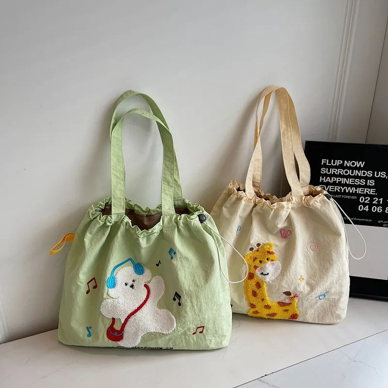 Leisure Large Capacity Single Shoulder Bag Trendy Embroidered Nylon Tote Bag School Style Sweet Handle Bag