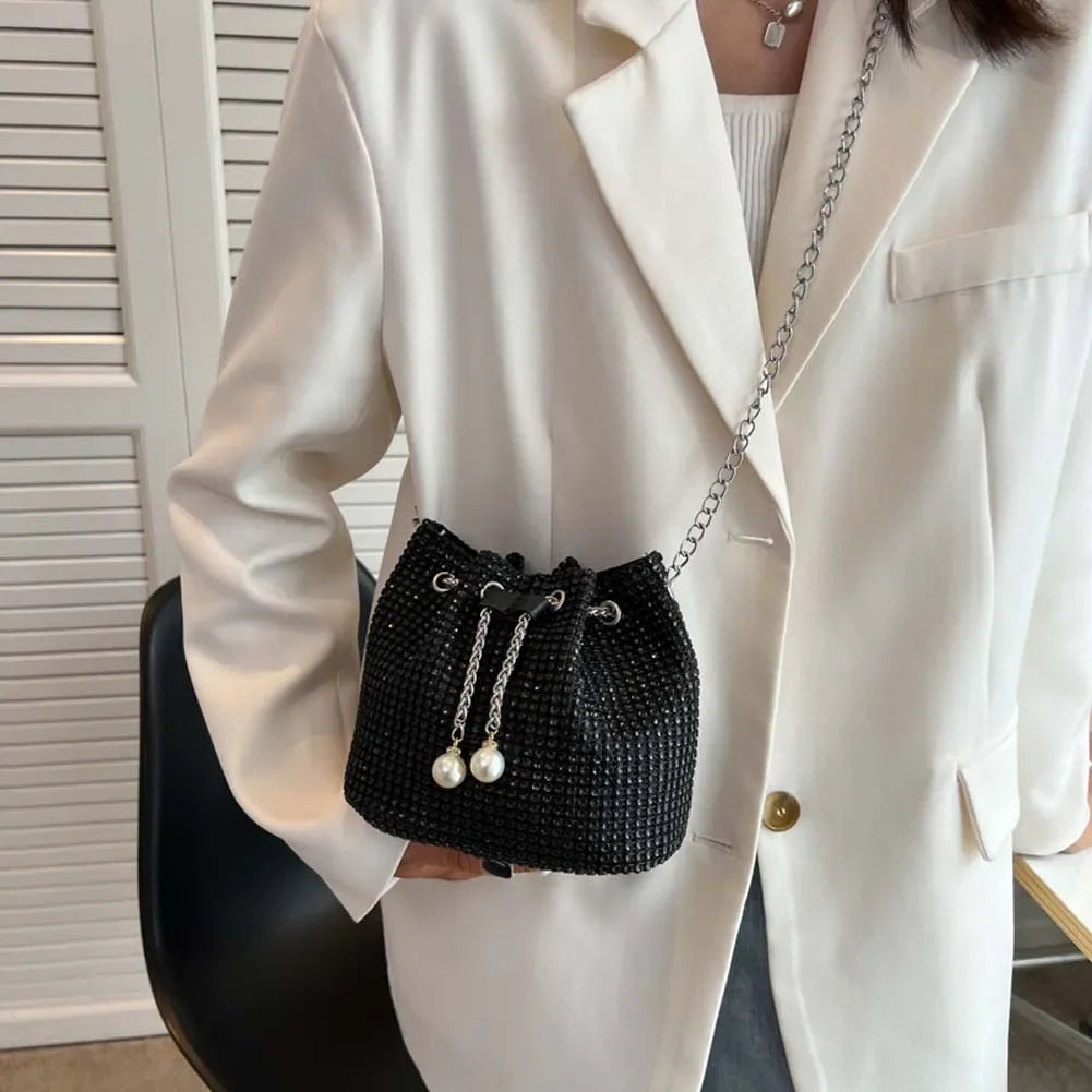 Fashion Evening Bag for Women Shiny Crossbody Bag Bling Rhinestone Bucket Shoulder Messenger Bags Ladies Glitter Handbag Purse