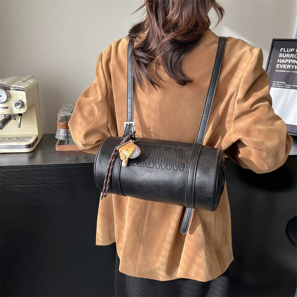 Multifunctional Cylinder Shaped Shoulder Bags For Women 2024 Winter Latest Designer Handbags Luxury Cross Body Bag With Pendant