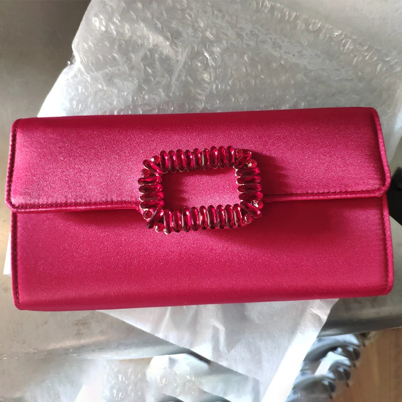 Elegant Satin Envelope Evening Handbags for Women Square Diamond Buckle Wedding Bridal Party Purse Shoulder Chain Messenger Bags