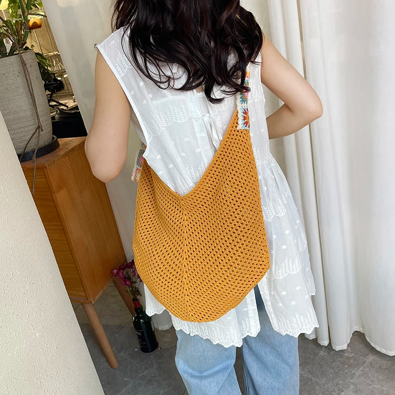 2025 Summer New – Bohemian Fresh Hollow Woven Tote Bag – Large Capacity Single-shoulder for Leisure & Vacation