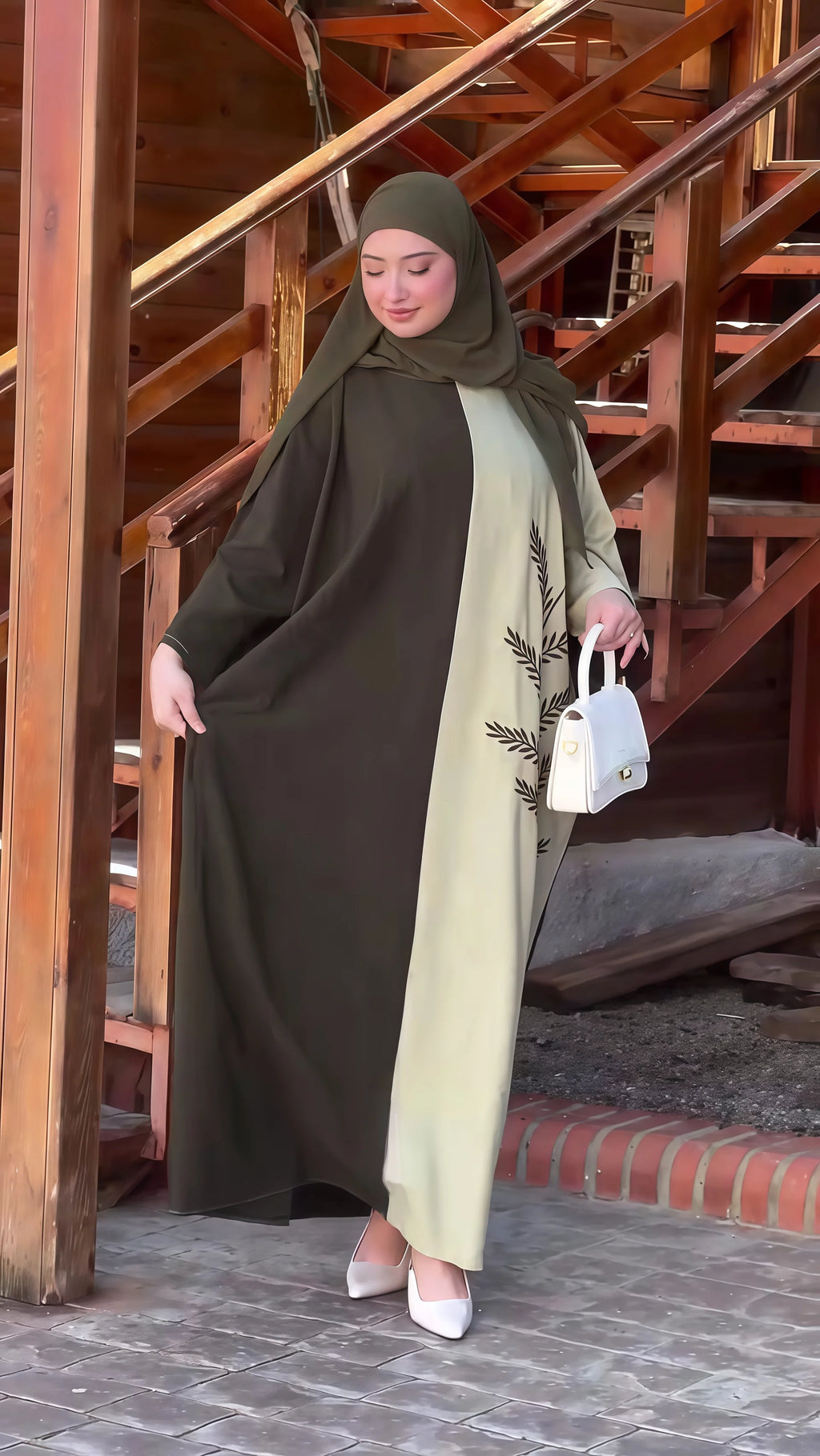 Women's Muslim Abaya Two Tone Olive and Beige with Leaf Embroidery Matching Hijab Elegant and Modest for UAE Saudi Arabia Qatar