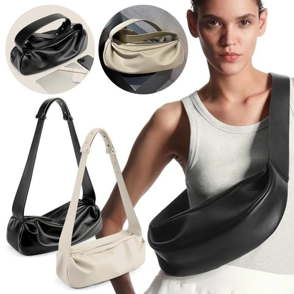 Luxury Casual Crossbody Bags Ruched Designer Wide Strap Shoulder Bag Large Capacity Pu Leather Half Moon Shape Messenger Bag