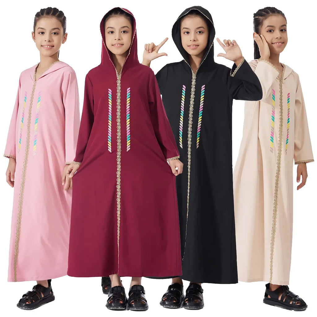 Muslim Girls Hooded Dress Eid Djellaba Ramadan Islam Clothing Turkey Kaftan Saudi Arab Robe Jalabiya Prayer Garment Caftan Gown