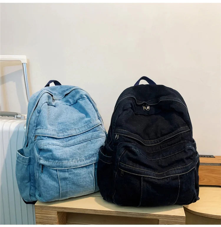 Blue Denim Backpacks For Women 100% Cotton Leisure Or Travel Bags Unisex Large Capacity Canvas Satchels Cloth Korea School Bags