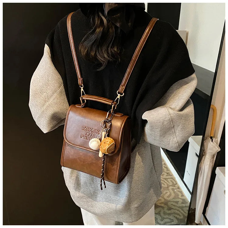 Casual Retro Large Capacity Women's Backpack Fashionable Versatile Stylish Satchel Crossbody Bag New Black City Simple Style PU